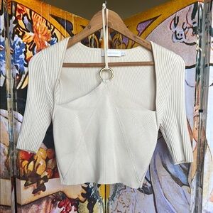 Cream Ribbed Knit Top with Gold Ring Detail